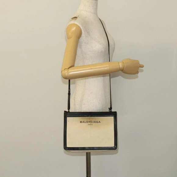 BALENCIAGA Shoulder Bag Canvas Beige Black Silver Auth - Picture 1 of 16